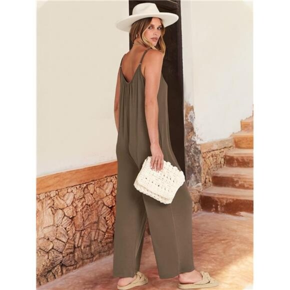 Women Summer Casual Boho Wide Leg Jumpsuits Brown - Picture 4 of 6